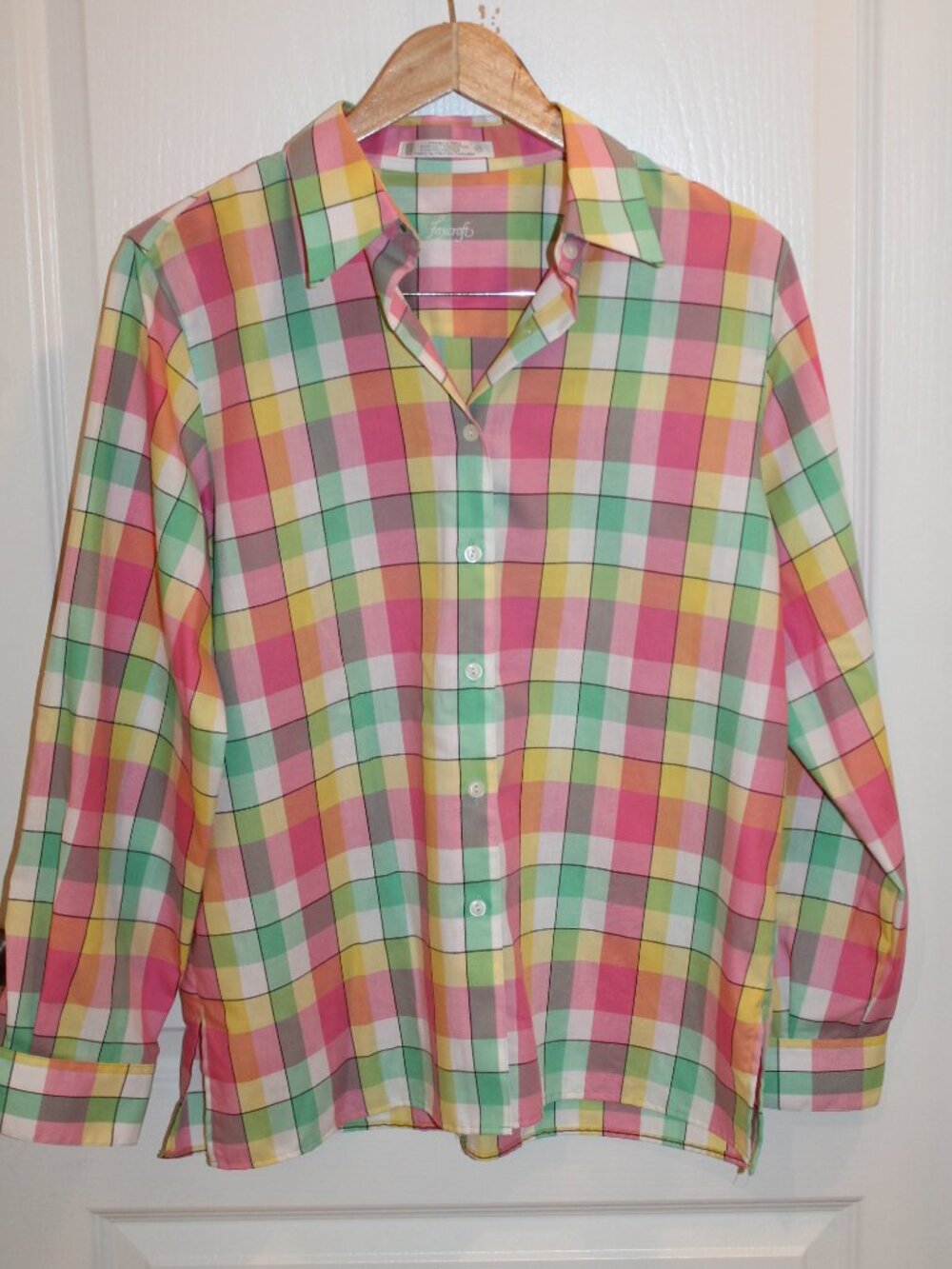 Women's Foxcraft Winkle Free Pastel Plaid Button-Up Long Sleeve Shirt Size 10